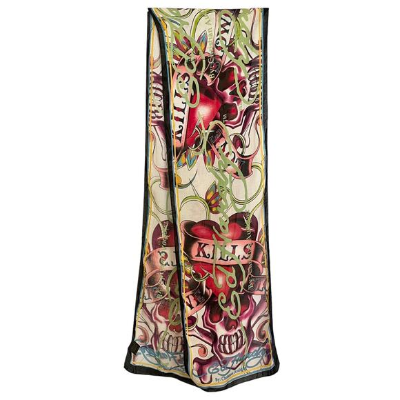 Ed Hardy x Christian Audigier Love Kills Slowly Long Scarf Y2K Skulls Hearts - Picture 8 of 8
